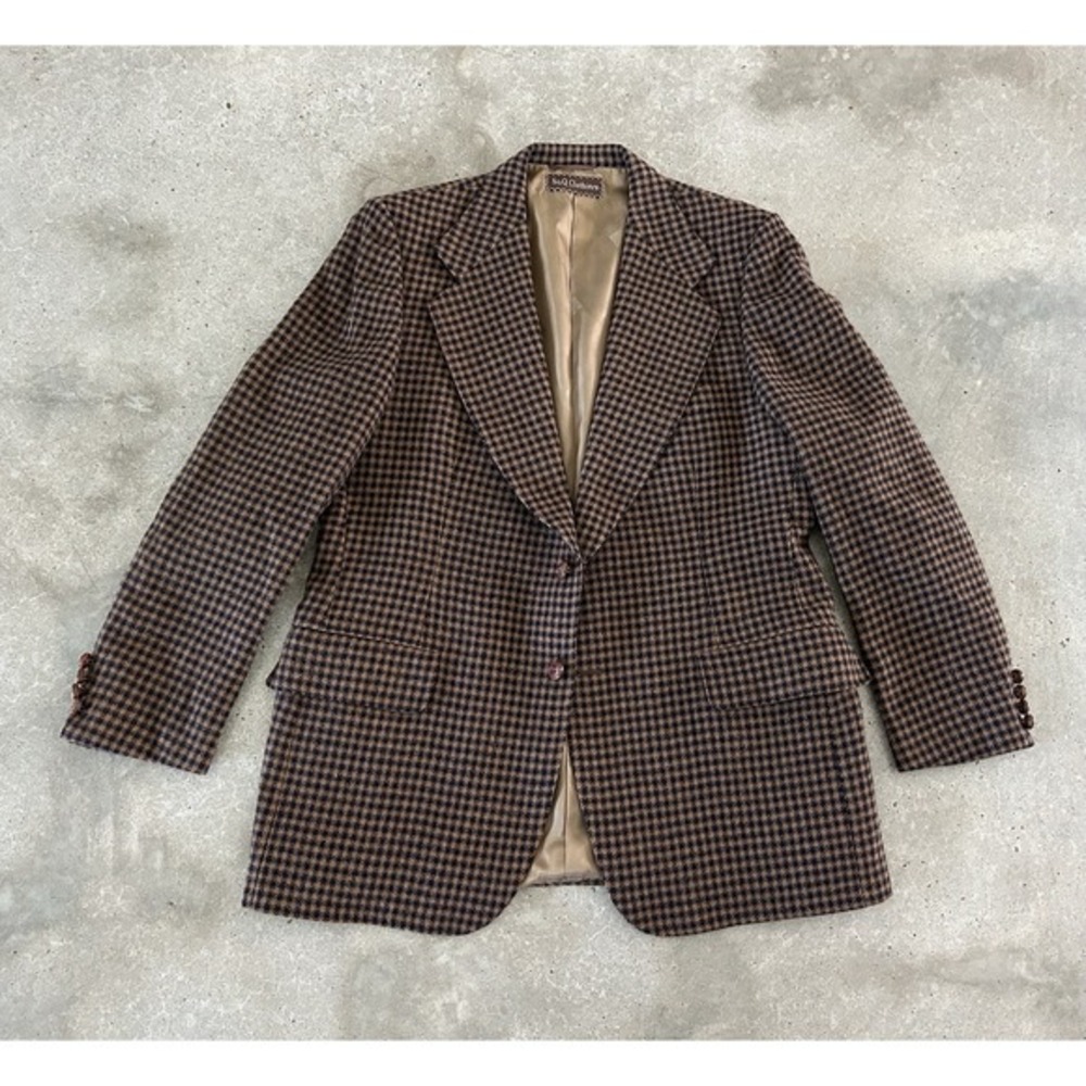 LANVIN PARIS Camel Hair Houndstooth Suit Jacket Double Vent 2 Button Flap Pocket
